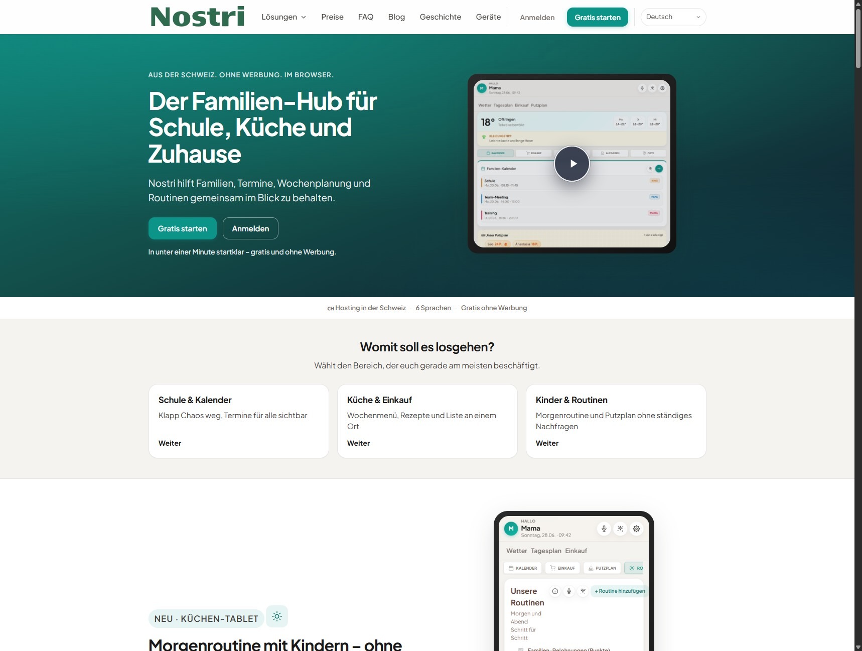 Nostri.ch Familien-Hub mit Kalender, Einkauf und Routinen auf dem Tablet